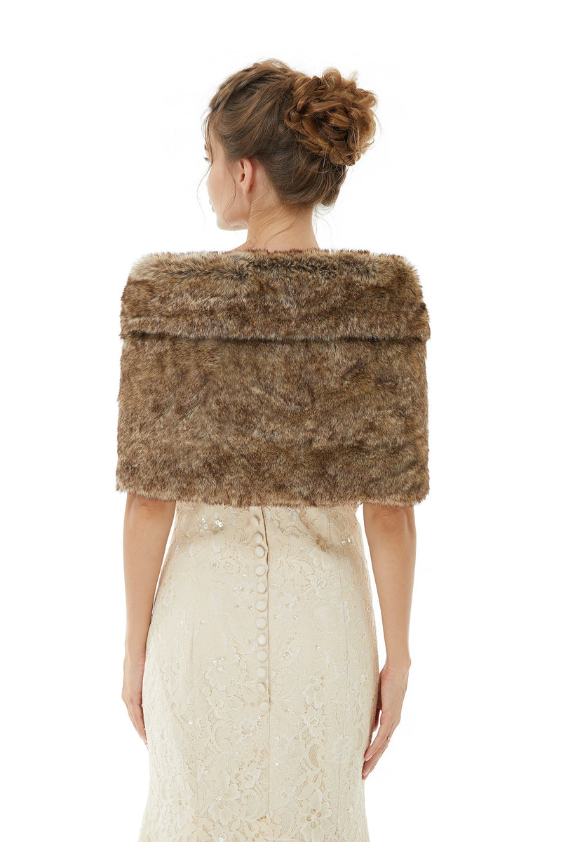 Brown Wedding Shrug Faux Fur Stole Fluffy Bridal Wrap Shawl-Ballbella