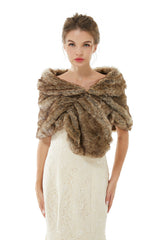 Brown Wedding Shrug Faux Fur Stole Fluffy Bridal Wrap Shawl-Ballbella