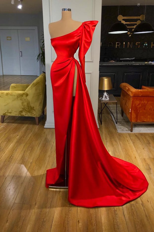 Bubble Sleeve One-shoulder Red High-split Long Evening Dress-Ballbella