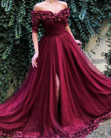 Burgundy A-line Off-the-Shoulder Tulle Flower Applique Prom Dresses-Ballbella