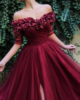 Burgundy A-line Off-the-Shoulder Tulle Flower Applique Prom Dresses-Ballbella