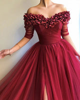 Burgundy A-line Off-the-Shoulder Tulle Flower Applique Prom Dresses-Ballbella