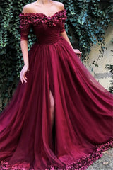 Burgundy A-line Off-the-Shoulder Tulle Flower Applique Prom Dresses-Ballbella