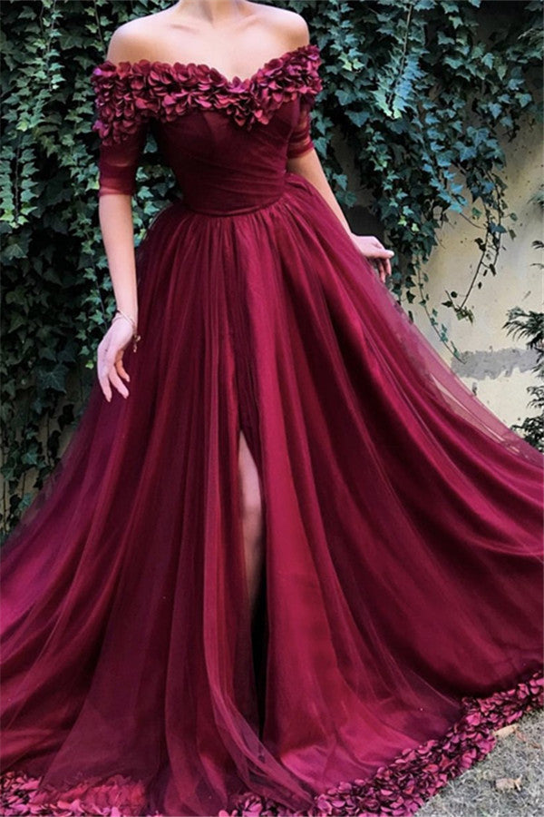 Burgundy A-line Off-the-Shoulder Tulle Flower Applique Prom Dresses-Ballbella