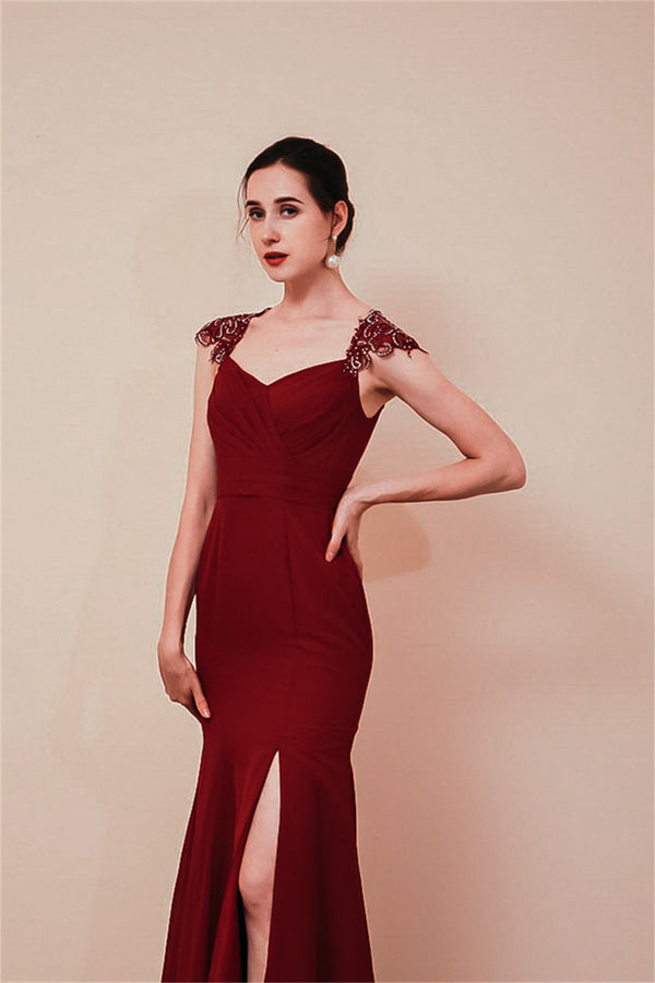 Burgundy Beaded Cap sleeves Chiffon Column Evening Dress-Ballbella