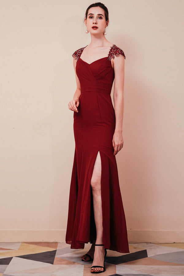 Burgundy Beaded Cap sleeves Chiffon Column Evening Dress-Ballbella