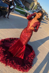 Burgundy Deep V-Neck Long Sleeve Mermaid Prom Dress With Sequins-Ballbella