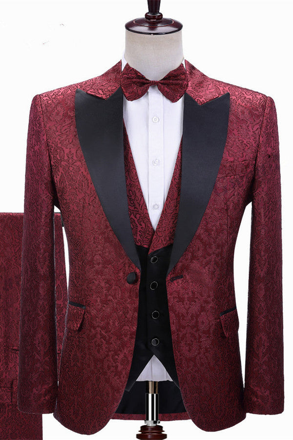 Ballbella is your ultimate source for Burgundy Jacquard Peaked Lapel Three-pieces Wedding Men Suits. Our Burgundy Peaked Lapel wedding groomsmen suits come in Bespoke styles &amp; colors with high quality and free shipping.