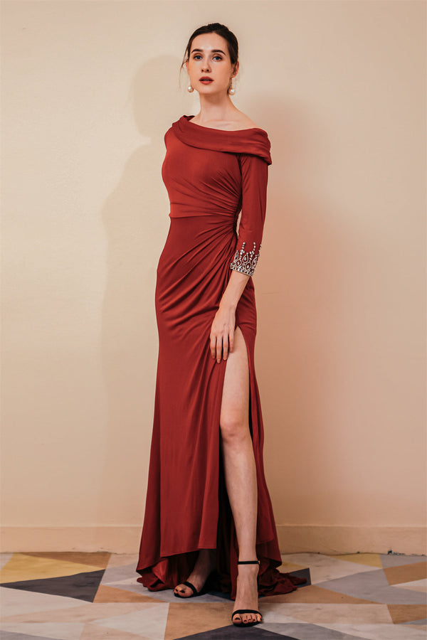 Burgundy Long sleeves Jersey Unique neckline Evening Dress-Ballbella