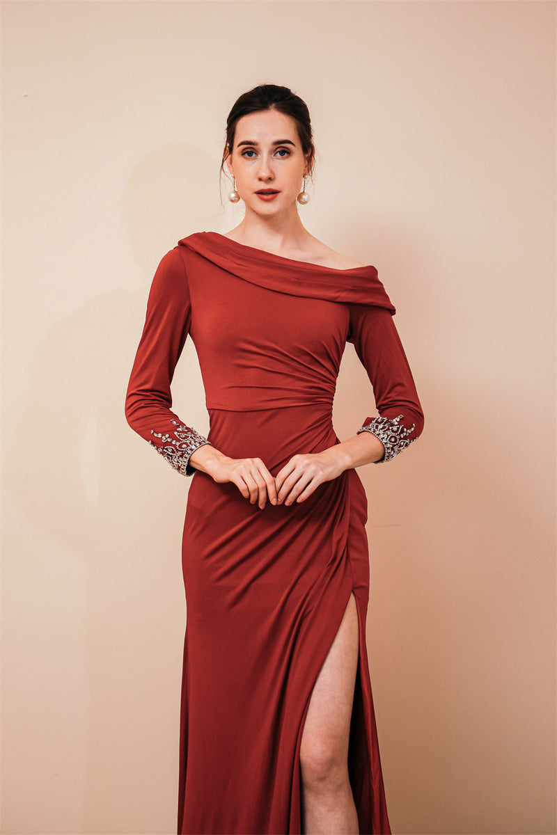 Burgundy Long sleeves Jersey Unique neckline Evening Dress-Ballbella