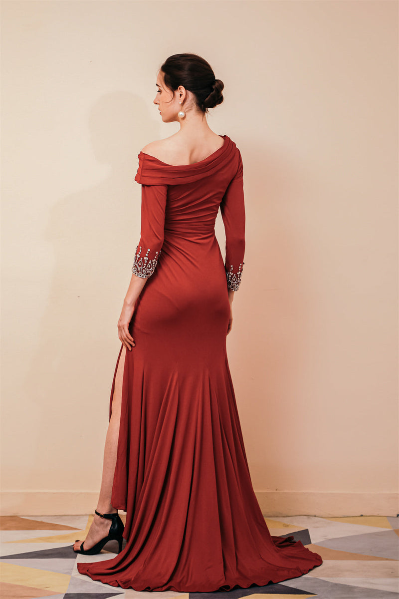 Burgundy Long sleeves Jersey Unique neckline Evening Dress-Ballbella