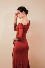 Burgundy Long sleeves Jersey Unique neckline Evening Dress-Ballbella