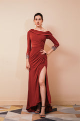 Burgundy Long sleeves Jersey Unique neckline Evening Dress-Ballbella