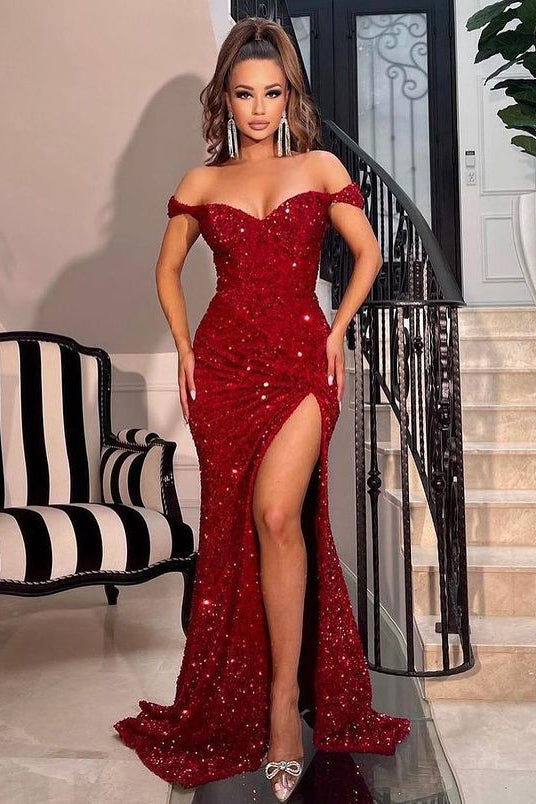 Burgundy Off-the-Shoulder Sequins Prom Dress Mermaid Long Slit-Ballbella