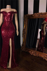 Burgundy Off-The-Shoulder Sequins Side-Slit Mermaid Prom Dresses-Ballbella