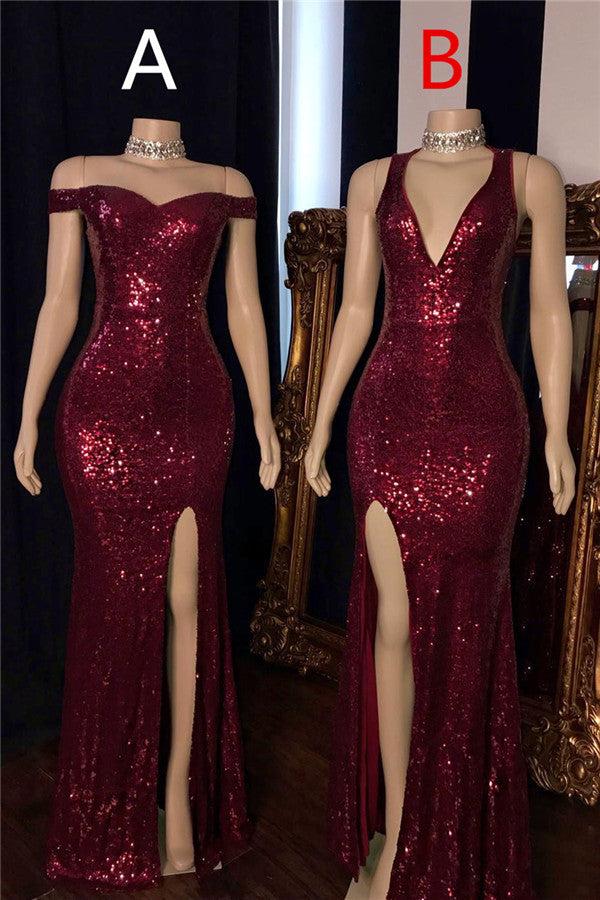 Burgundy Off-The-Shoulder Sequins Side-Slit Mermaid Prom Dresses-Ballbella