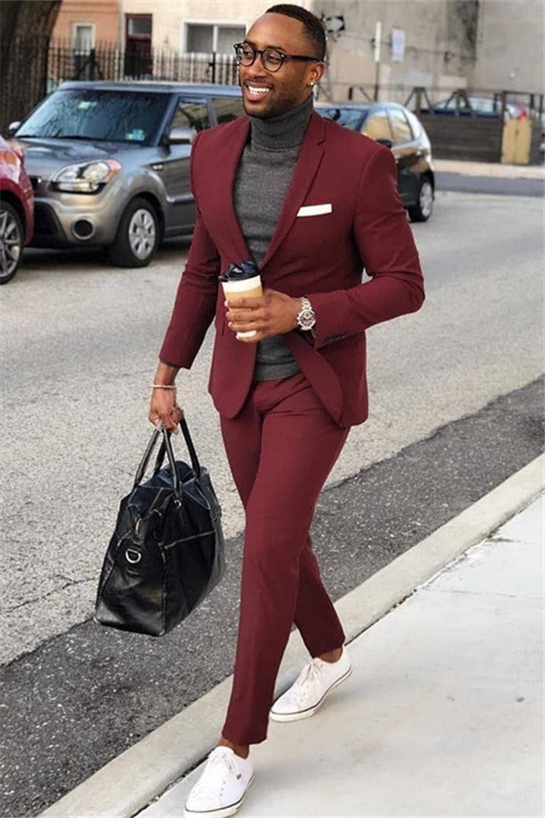 Burgundy One Button Men's Suit Slim Fit Formal Business Suit-Ballbella