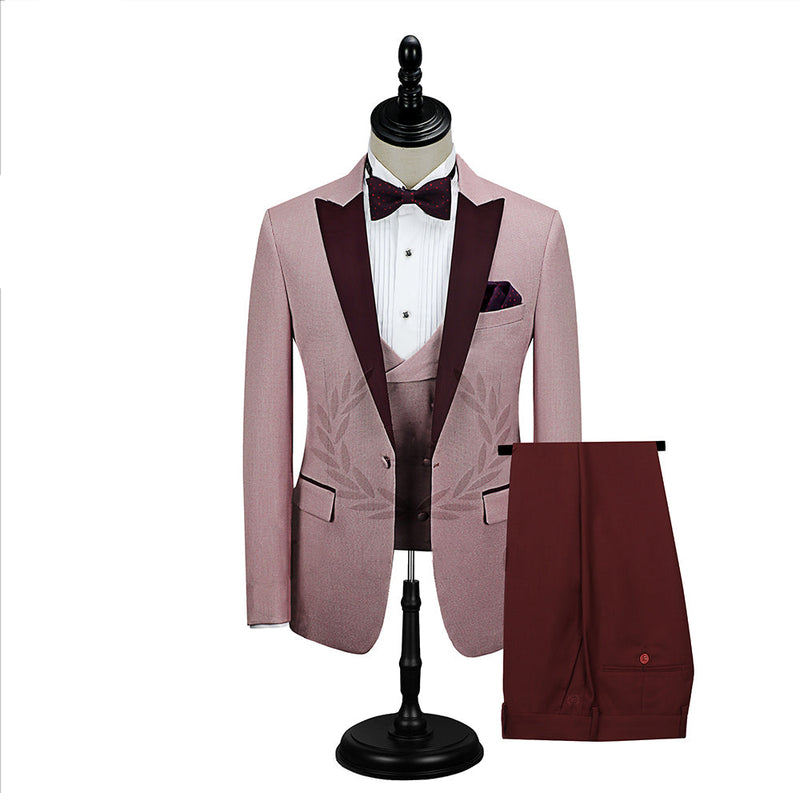 Burgundy Peak Lapel Men Marriage Suits Pricey Pink One Button Wedding Tuxedos-Ballbella