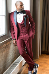 Burgundy Slim Fit Men Suit with Black Shawl Lapel-Ballbella