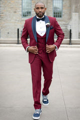 Burgundy Slim Fit Men Suit with Black Shawl Lapel-Ballbella