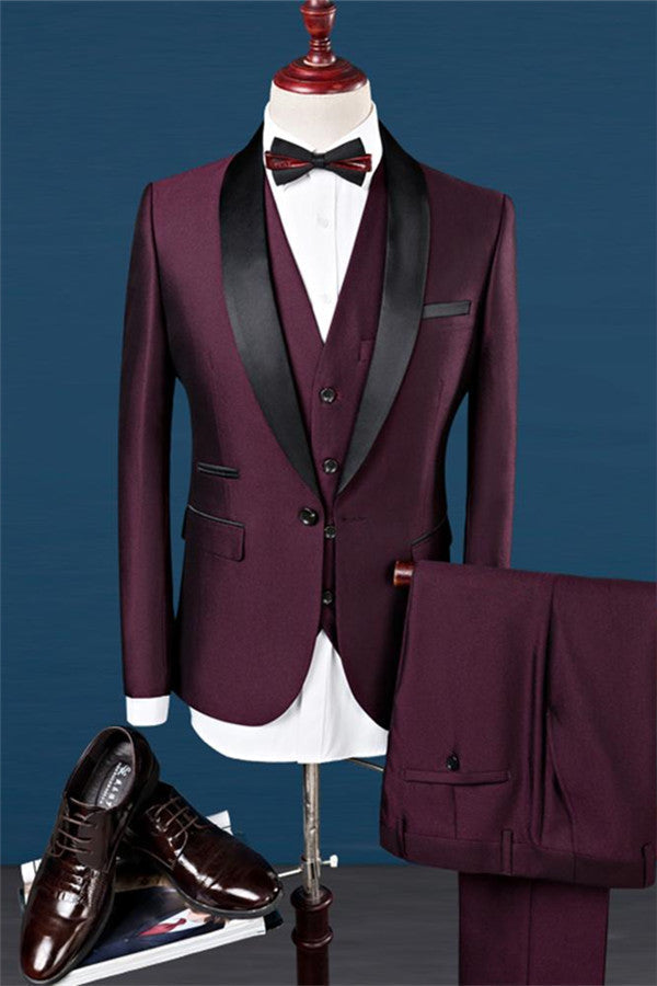 Ballbella made this Burgundy Slim Fit Shawl Lapel Groomsmen Suit, Fashion Black Trim Tuxedo Men Three-pieces Suits with rush order service. Discover the design of this Burgundy Solid Shawl Lapel Single Breasted mens suits cheap for prom, wedding or formal business occasion.