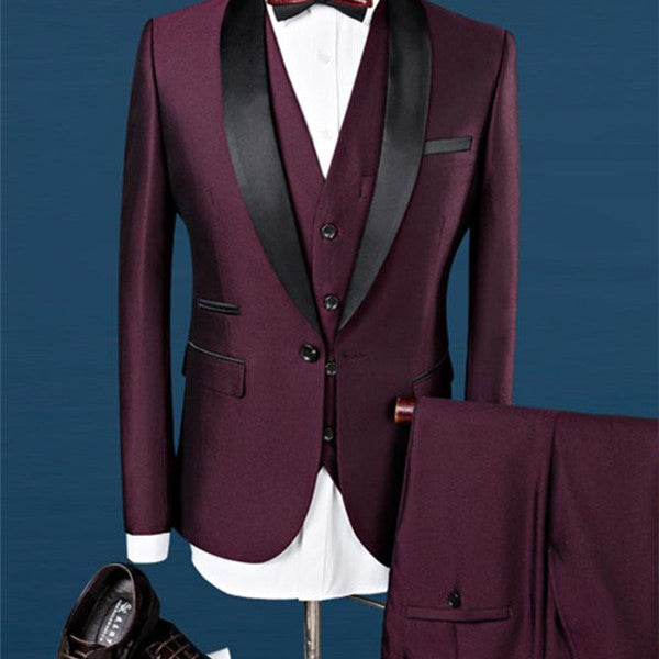 Burgundy Slim Fit Shawl Lapel Groomsmen Suit Fashion Black Trim Tuxedo Men  Three-pieces Suits Ballbella