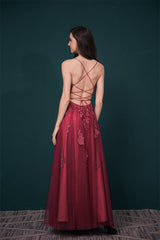 Burgundy Spaghetti Strap Lace Appliques High split Prom Dress-Ballbella