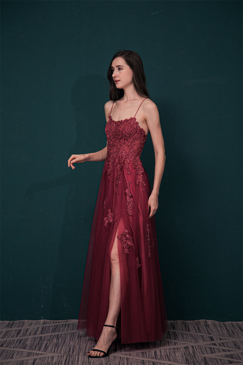 Burgundy Spaghetti Strap Lace Appliques High split Prom Dress-Ballbella