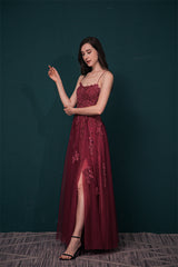 Burgundy Spaghetti Strap Lace Appliques High split Prom Dress-Ballbella