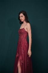 Burgundy Spaghetti Strap Lace Appliques High split Prom Dress-Ballbella