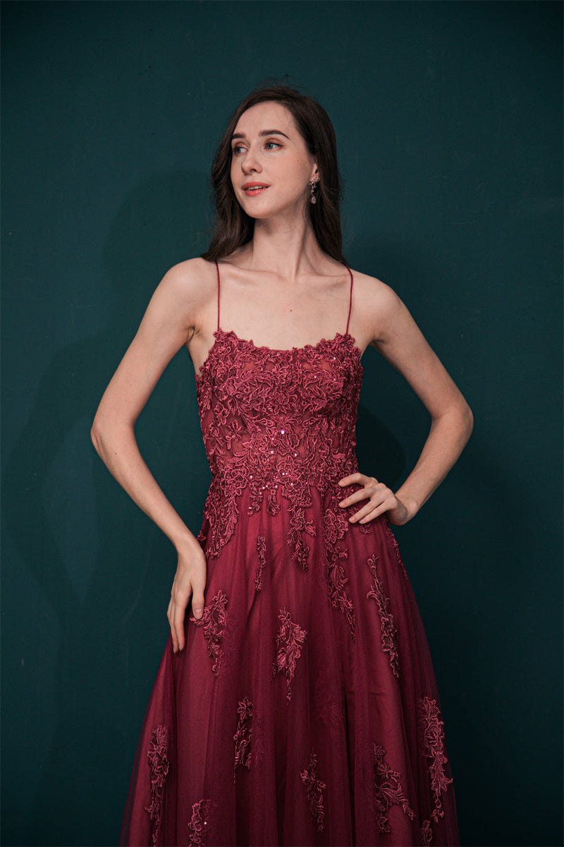 Burgundy Spaghetti Strap Lace Appliques High split Prom Dress-Ballbella