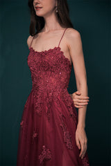 Burgundy Spaghetti Strap Lace Appliques High split Prom Dress-Ballbella