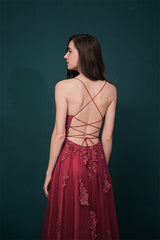 Burgundy Spaghetti Strap Lace Appliques High split Prom Dress-Ballbella