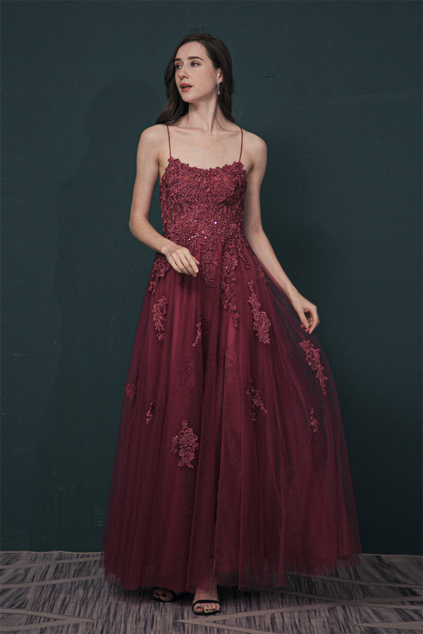 Burgundy Spaghetti Strap Lace Appliques High split Prom Dress-Ballbella