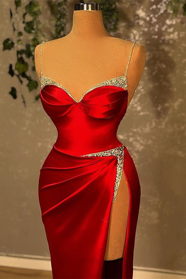 Burgundy Spaghetti-Straps Mermaid Evening Dress Sleeveless With Slit Beads-Ballbella