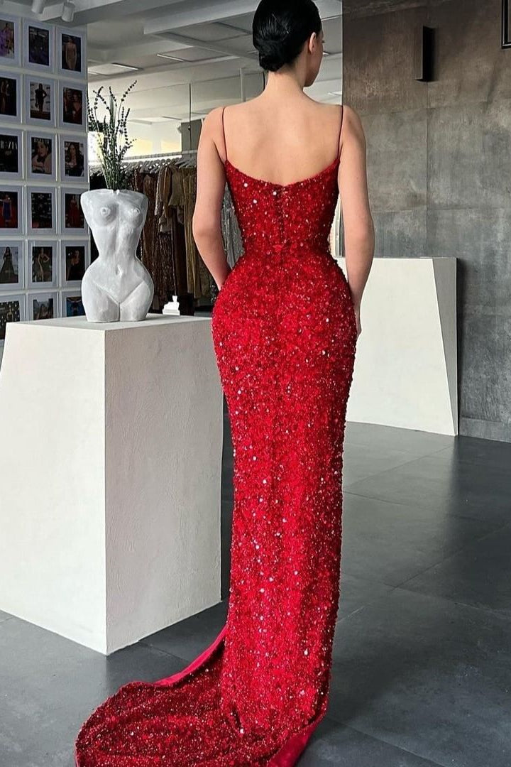 Burgundy Spaghetti-Straps Mermaid Prom Dress Long Sequins Evening Gowns With Split-Ballbella