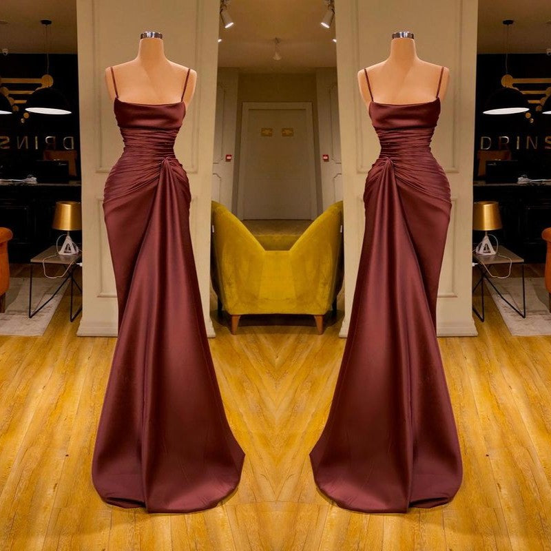 Burgundy Spaghetti-Straps Mermaid Ruffles Prom Dress Long-Ballbella