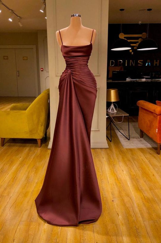 Burgundy Spaghetti-Straps Mermaid Ruffles Prom Dress Long-Ballbella