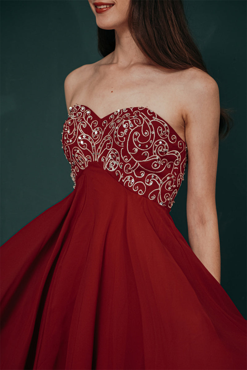 Burgundy Sweetheart Sparkle Beaded Chiffon Homecoming Dress-Ballbella