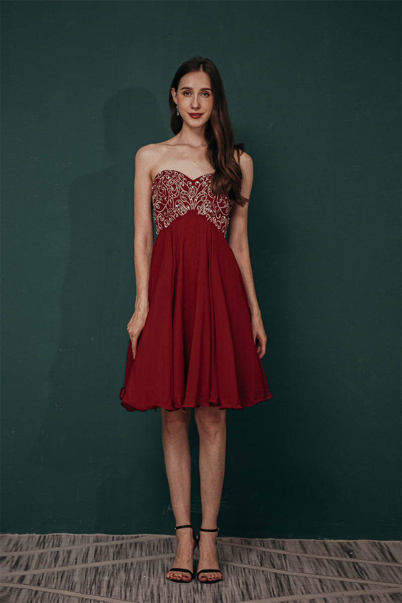 Burgundy Sweetheart Sparkle Beaded Chiffon Homecoming Dress-Ballbella