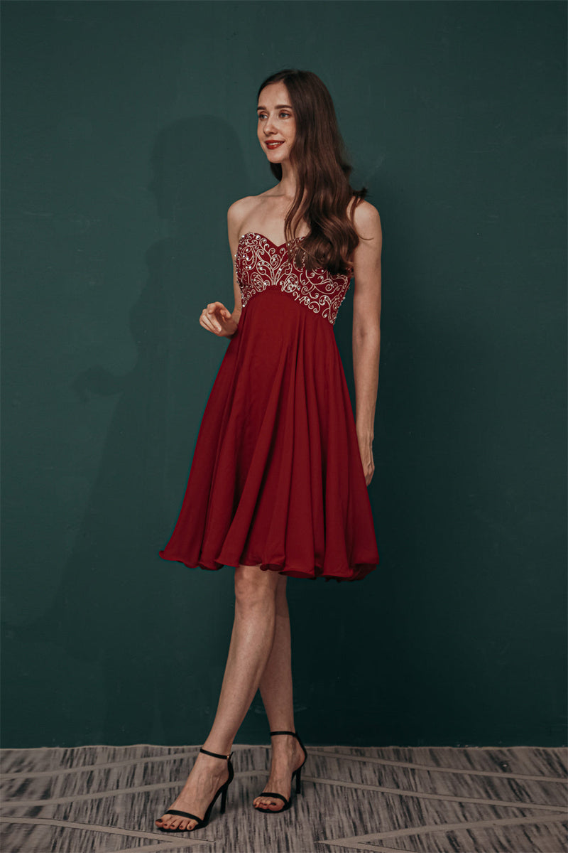 Burgundy Sweetheart Sparkle Beaded Chiffon Homecoming Dress-Ballbella