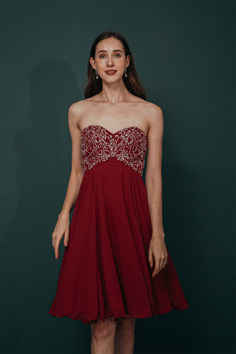 Burgundy Sweetheart Sparkle Beaded Chiffon Homecoming Dress-Ballbella