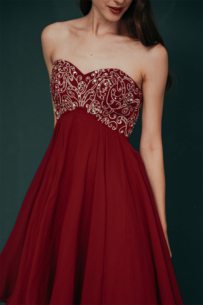 Burgundy Sweetheart Sparkle Beaded Chiffon Homecoming Dress-Ballbella