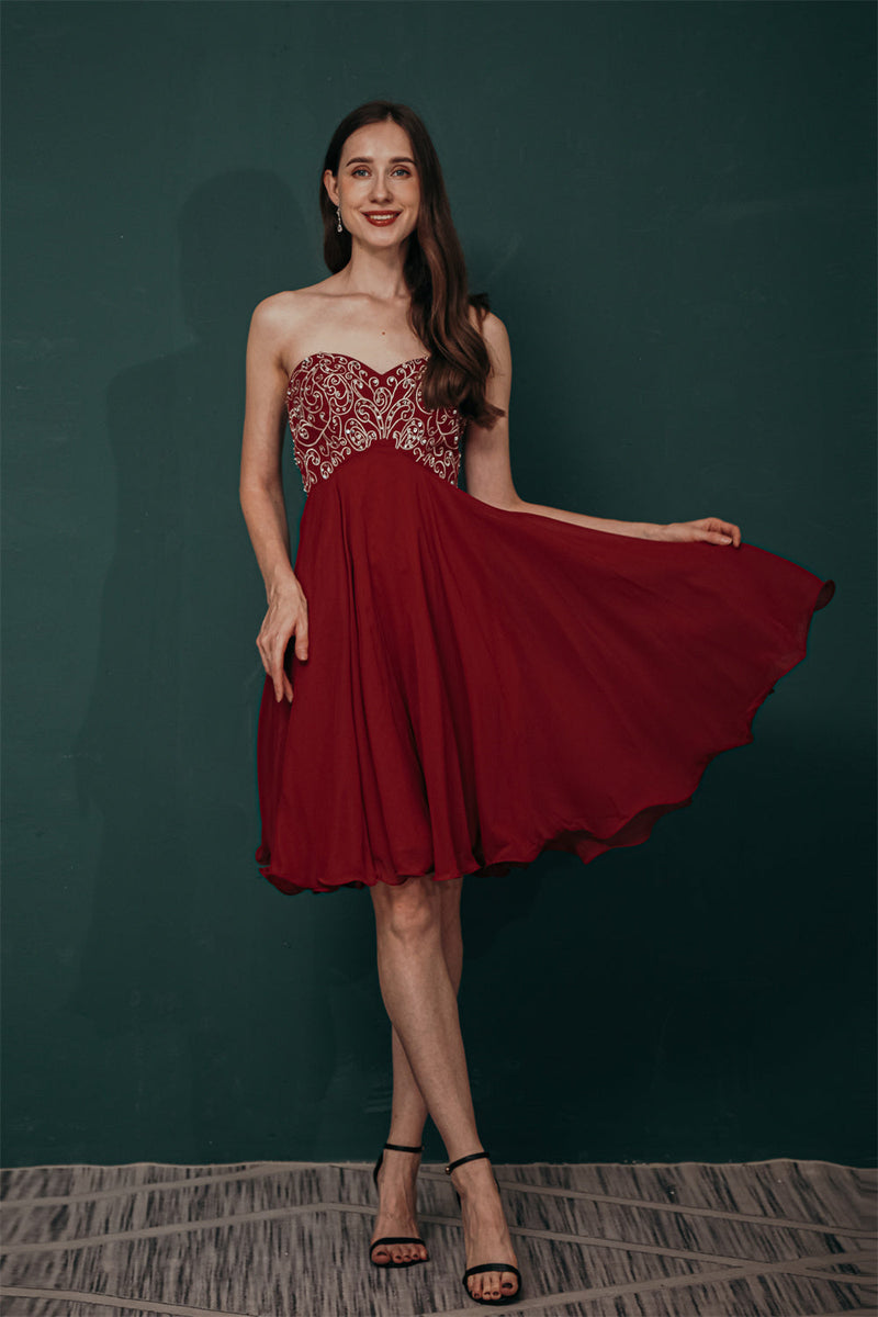 Burgundy Sweetheart Sparkle Beaded Chiffon Homecoming Dress-Ballbella