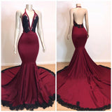 Burgundy V-neck Halter Appliques Long Mermaid Evening Dresses-Ballbella