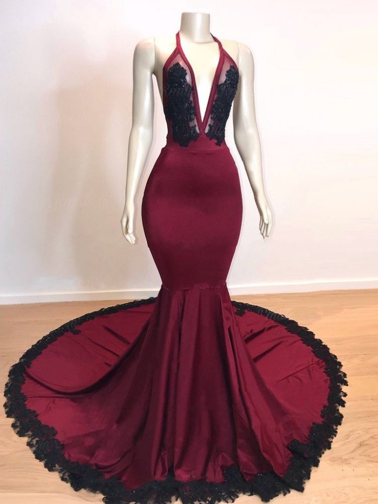 Burgundy V-neck Halter Appliques Long Mermaid Evening Dresses-Ballbella