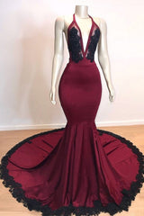 Burgundy V-neck Halter Appliques Long Mermaid Evening Dresses-Ballbella