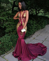 Burgundy V-Neck Prom Dress, Mermaid Evening Dress-Ballbella