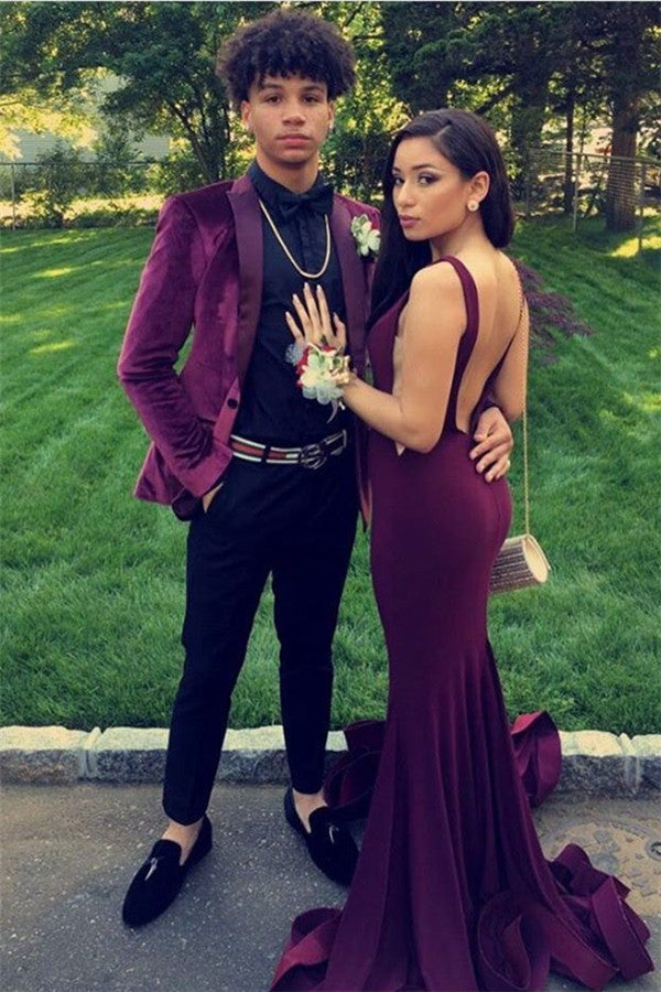 Burgundy Velvet Two Pieces Peak Lapel Bespoke Prom Suits for Men-Ballbella