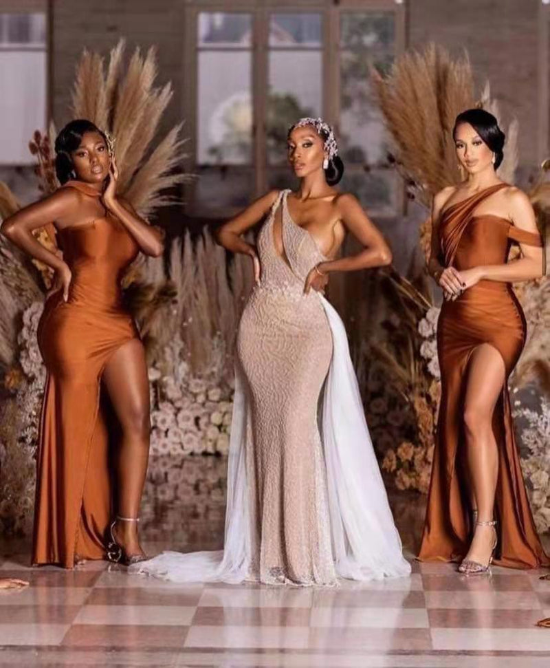 Burnt Orange Mermaid Bridesmaid Dress With Slit-Ballbella